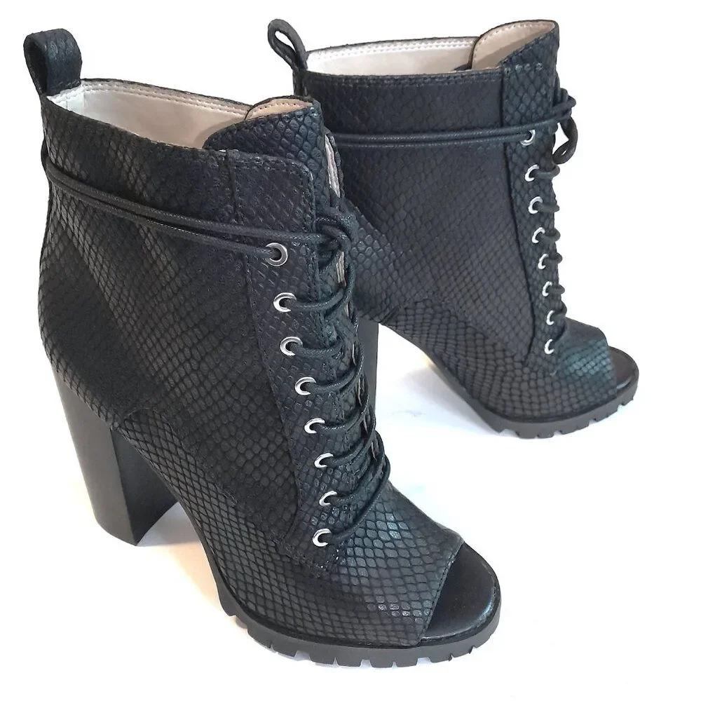 Katy Perry the Monica-Snake Emboss Open Toe Black Ankle Boot Size 5.5M